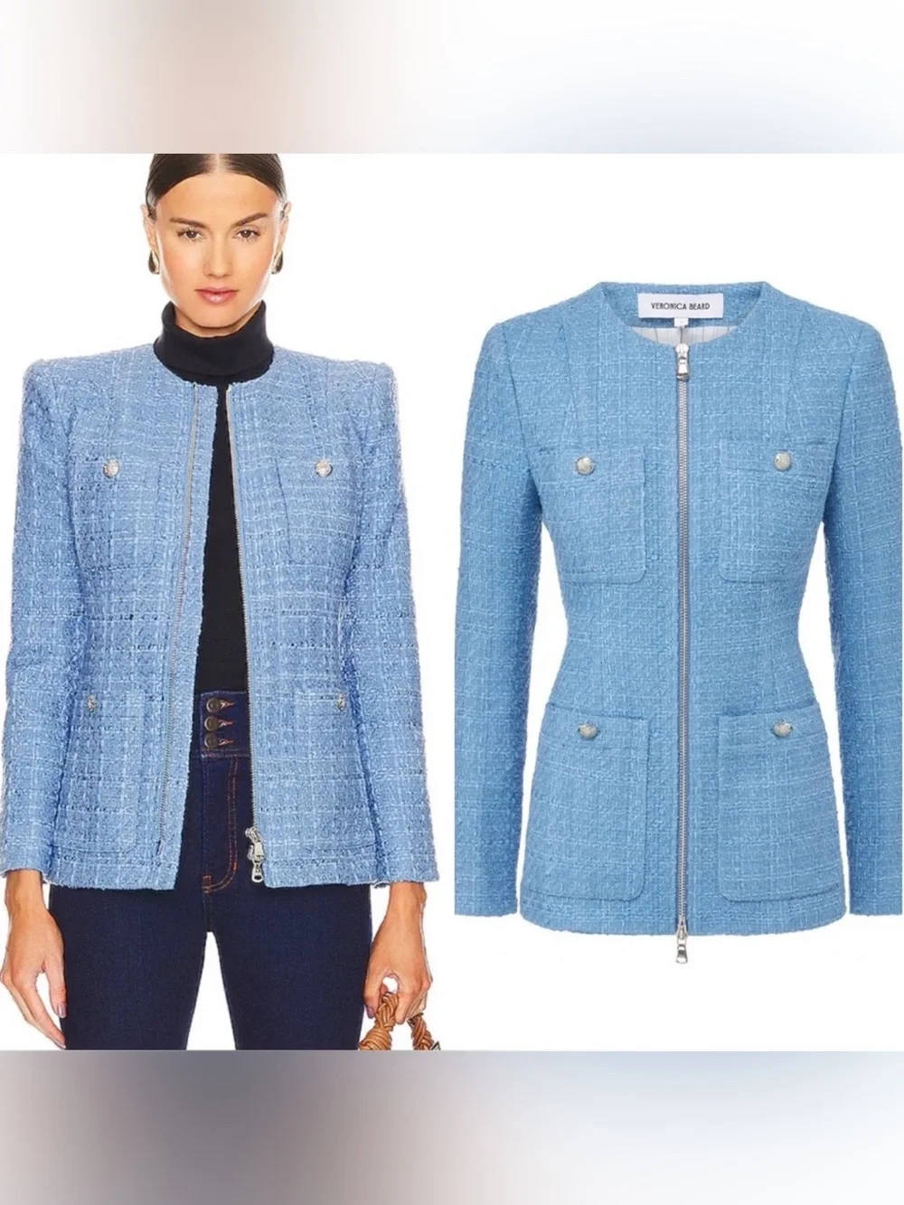 Veronica Beard Sky Blue Tweed Zip-Front Jacket